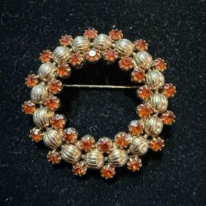 Vintage Albert Weiss Gold Bead and Orange Rhinestone Brooch